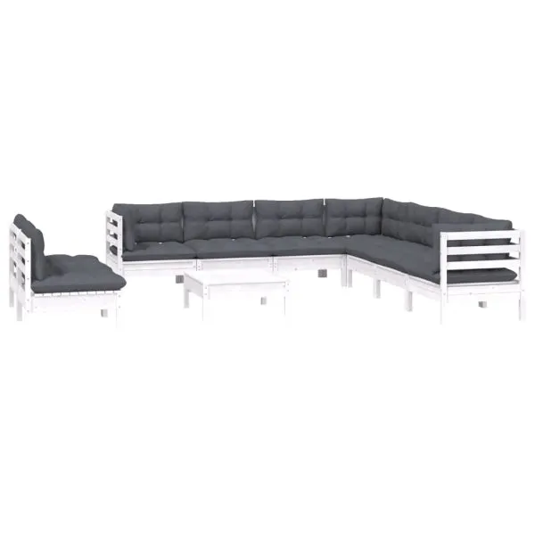 Set mobilier grădină cu perne, 10 piese, alb, lemn masiv pin