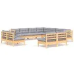 Set mobilier grădină cu perne, 11 piese, gri, lemn masiv pin