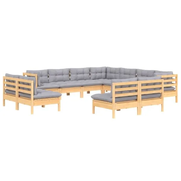 Set mobilier grădină cu perne, 11 piese, gri, lemn masiv pin