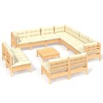 Set mobilier grădină cu perne crem, 12 piese, lemn masiv de pin