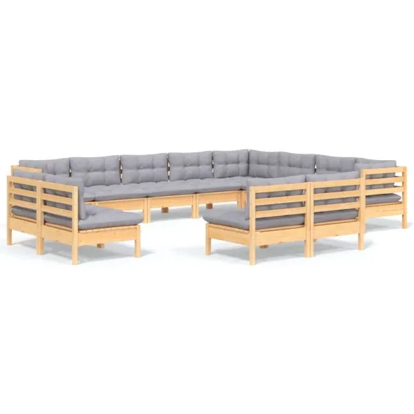Set mobilier grădină cu perne, 12 piese, gri, lemn masiv pin