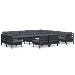 Set mobilier grădină cu perne, 14 piese, negru, lemn masiv pin