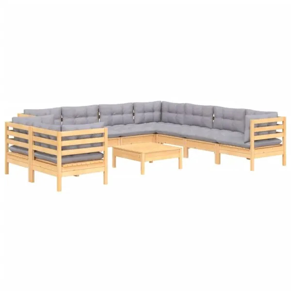Set mobilier grădină cu perne, 10 piese, gri, lemn masiv pin