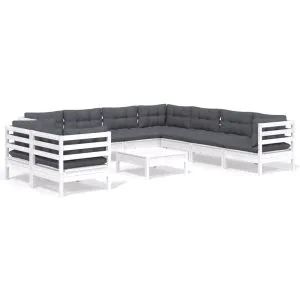 Set mobilier grădină cu perne, 10 piese, alb, lemn masiv pin