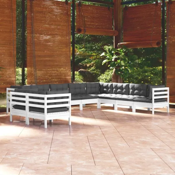 Set mobilier grădină cu perne, 10 piese, alb, lemn masiv de pin