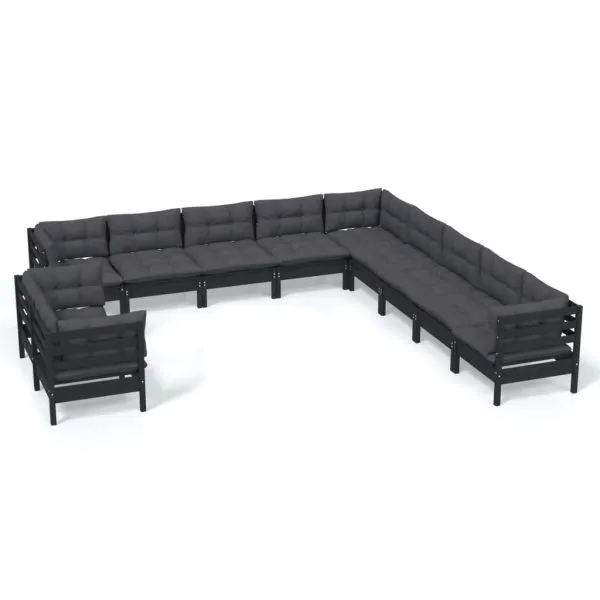 Set mobilier grădină cu perne, 11 piese, negru, lemn masiv pin