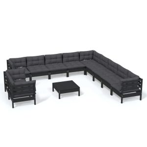 Set mobilier grădină cu perne, 12 piese, negru, lemn masiv pin