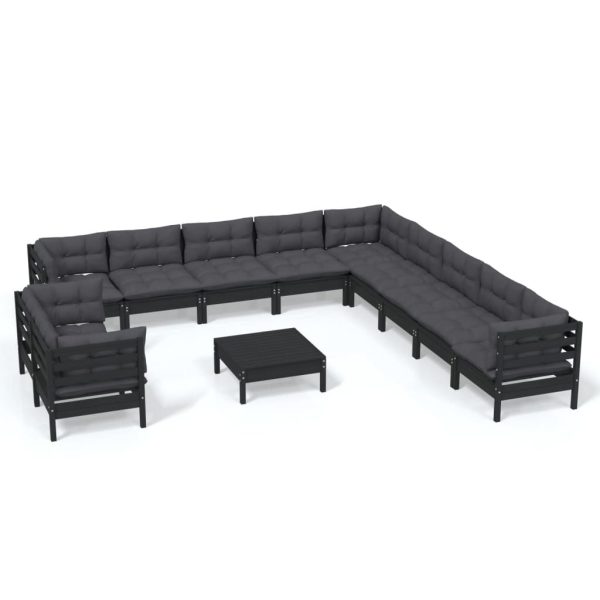 Set mobilier grădină cu perne, 12 piese, negru, lemn masiv pin
