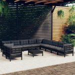 Set mobilier grădină cu perne, 12 piese, negru, lemn masiv pin