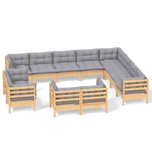 Set mobilier grădină cu perne, 12 piese, gri, lemn masiv pin
