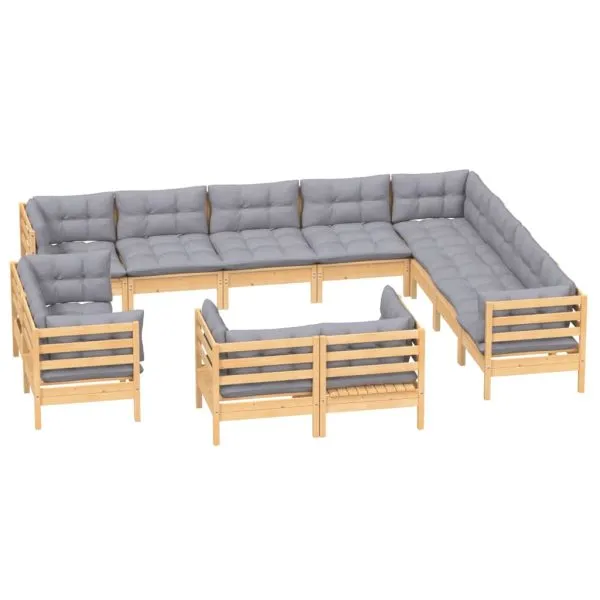 Set mobilier grădină cu perne, 12 piese, gri, lemn masiv pin