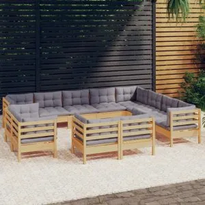 Set mobilier grădină cu perne, 12 piese, gri, lemn masiv pin