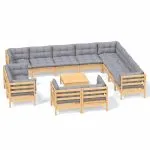 Set mobilier grădină cu perne, 13 piese, gri, lemn masiv pin