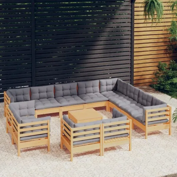 Set mobilier grădină cu perne, 13 piese, gri, lemn masiv pin