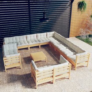 Set de mobilier de grădină & perne 14 piese crem lemn masiv pin
