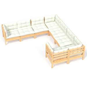 Set mobilier de grădină cu perne crem, 8 piese, lemn masiv pin
