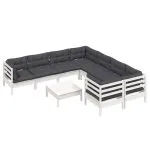 Set mobilier de grădină cu perne, 9 piese, alb, lemn de pin