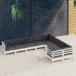 Set mobilier de grădină cu perne, 9 piese, alb, lemn de pin