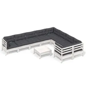 Set mobilier grădină cu perne, 10 piese, alb, lemn de pin