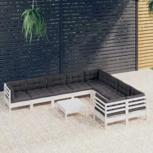 Set mobilier grădină cu perne, 10 piese, alb, lemn de pin