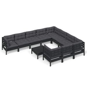 Set mobilier grădină cu perne, 11 piese, negru, lemn de pin