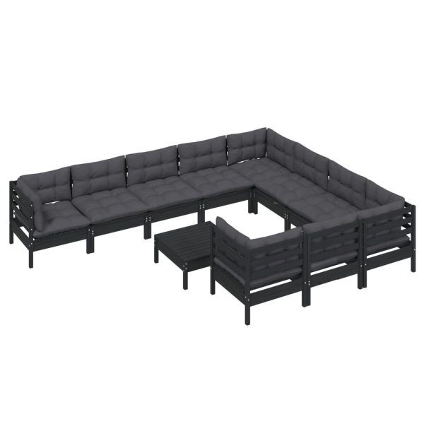 Set mobilier grădină cu perne, 11 piese, negru, lemn de pin