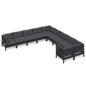 Set mobilier grădină cu perne, 10 piese, negru, lemn de pin