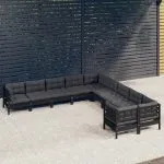 Set mobilier grădină cu perne, 10 piese, negru, lemn de pin