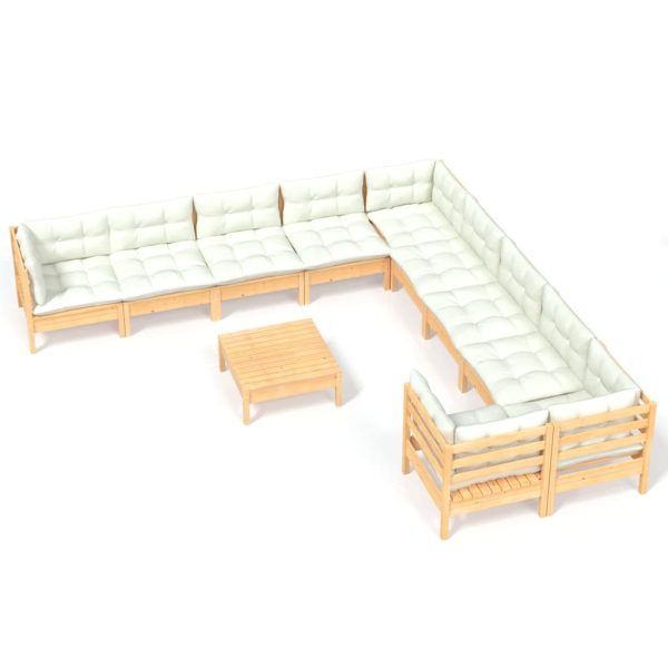 Set mobilier grădină cu perne crem, 11 piese, lemn de pin