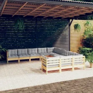 Set mobilier grădină cu perne gri, 11 piese, lemn de pin