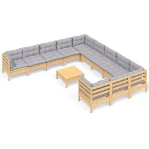 Set mobilier de grădină cu perne, 12 piese, gri, lemn masiv pin