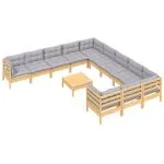 Set mobilier de grădină cu perne, 12 piese, gri, lemn masiv pin