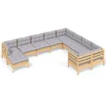 Set mobilier de grădină cu perne gri 10 piese lemn masiv de pin