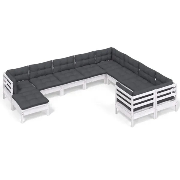 Set mobilier grădină cu perne, 10 piese, alb, lemn de pin