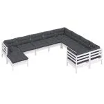 Set mobilier grădină cu perne, 10 piese, alb, lemn de pin