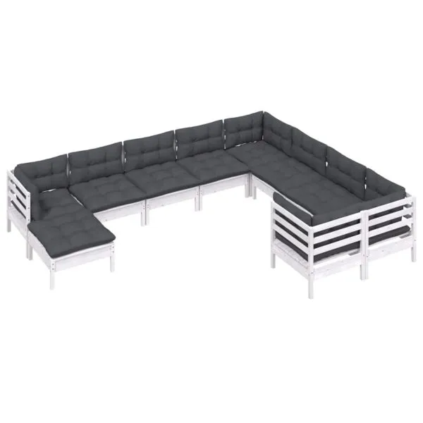Set mobilier grădină cu perne, 10 piese, alb, lemn de pin