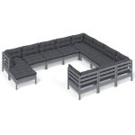 Set mobilier grădină cu perne, 11 piese, gri, lemn de pin