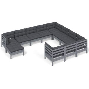 Set mobilier grădină cu perne, 11 piese, gri, lemn de pin