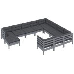 Set mobilier grădină cu perne, 11 piese, gri, lemn de pin