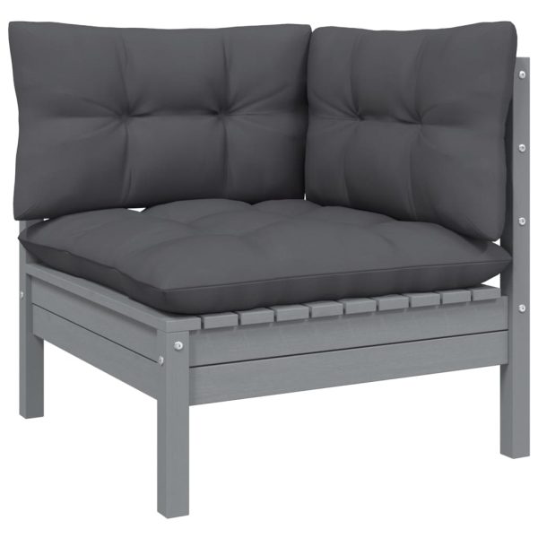 Set mobilier grădină cu perne, 11 piese, gri, lemn de pin