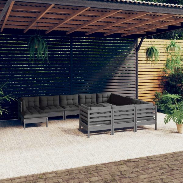 Set mobilier grădină cu perne, 11 piese, gri, lemn de pin