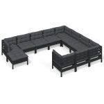 Set mobilier grădină cu perne, 11 piese, negru, lemn de pin