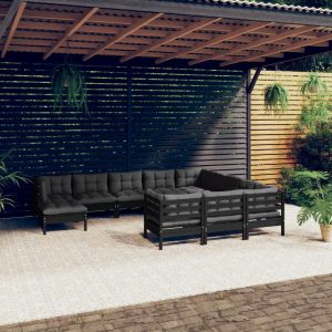 Set mobilier grădină cu perne, 11 piese, negru, lemn de pin