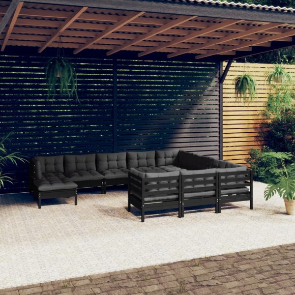Set mobilier grădină cu perne, 11 piese, negru, lemn de pin