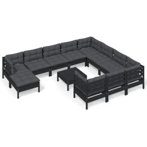 Set mobilier grădină cu perne, 12 piese, negru, lemn de pin
