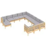 Set mobilier de grădină cu perne gri, 12 piese, lemn de pin