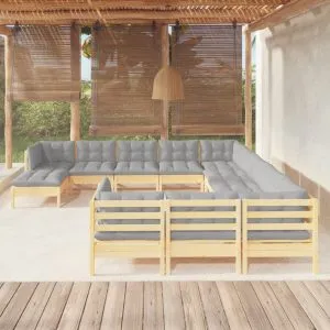 Set mobilier de grădină cu perne gri, 12 piese, lemn de pin