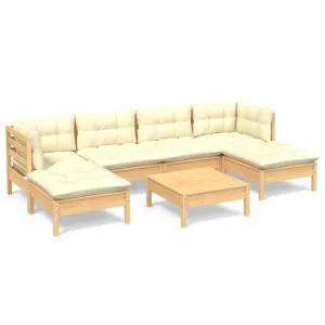 Set mobilier grădină cu perne crem, 7 piese, lemn masiv pin