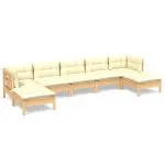 Set mobilier grădină cu perne crem, 7 piese, lemn masiv pin