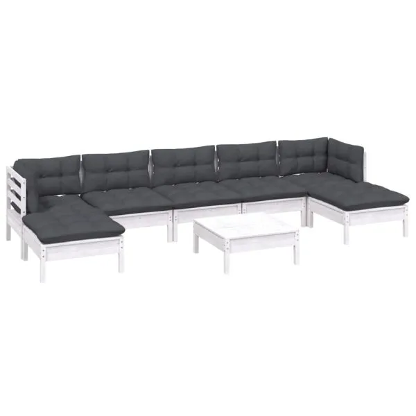 Set mobilier de grădină cu perne, 8 piese, alb, lemn de pin
